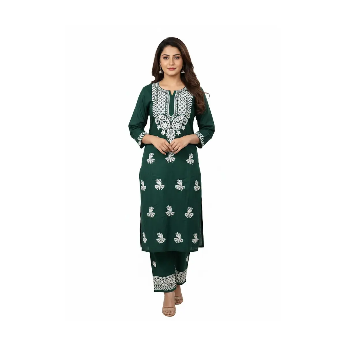 #LKH-7 Forest Green Embroidered Kurta & Palazzo Set | Chikankari-Style Threadwork | Festive Ethnic Wear