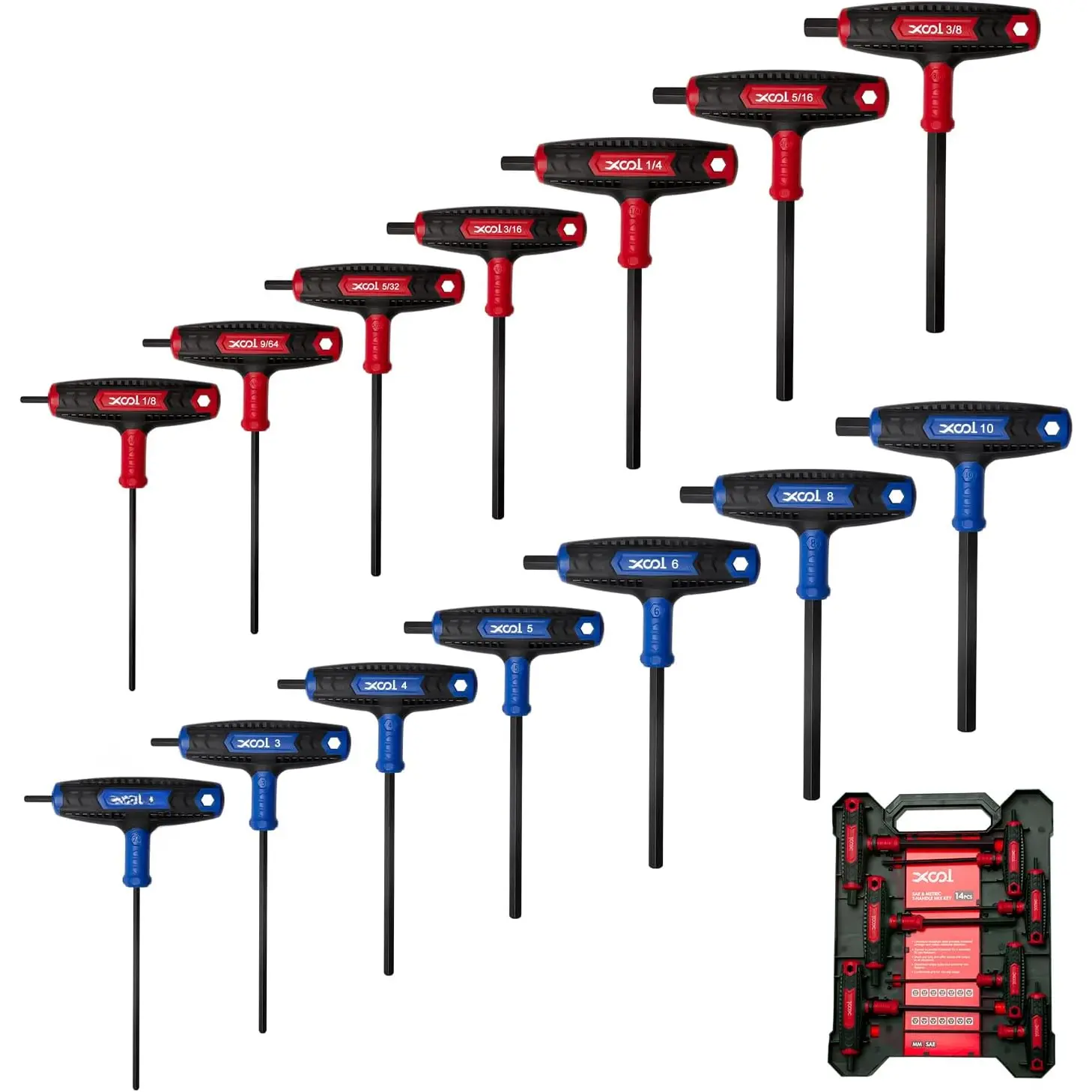 14 count T Handle Allen Wrench Set, Metric & SAE Hex Key Set, Long Arm Hex Key Wrench Set with Portable Organizer