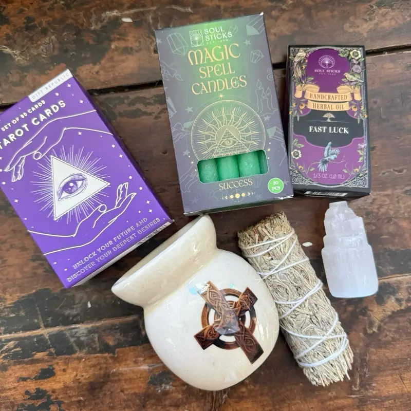 Witchcraft Aromatic Multiple Items Starter Bundle - 5-Piece Spiritual Kit for Spiritual Practices with Powder/Candle, Incense, Essential Oils, Spell Cards, Aroma Box, Bundles