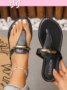 Women's Flat Sandals, Casual Fashionable Design, PU Leather Upper, Rubber Sole, Elegant Style, Perfect for Travel, Vacation, Beach, Footwear