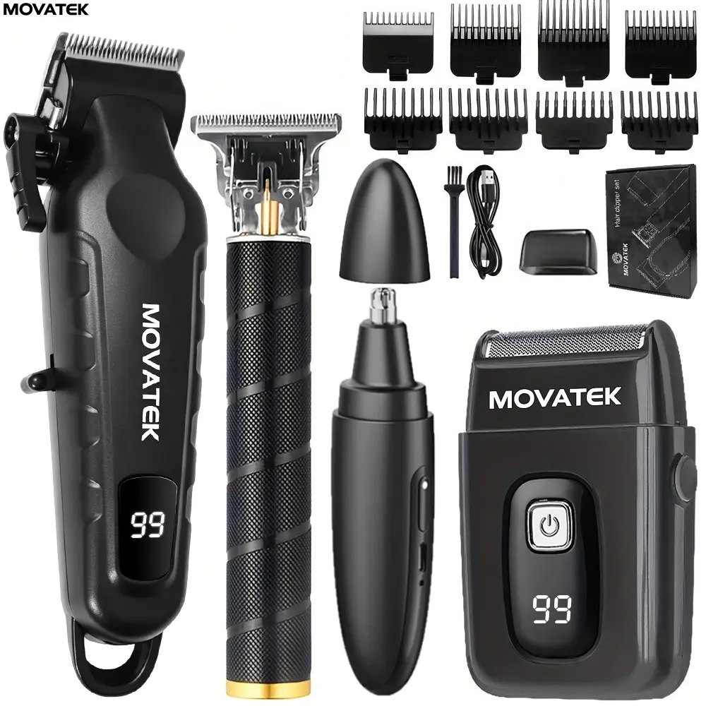 MOVATEK Men's 3-4-Piece Matte Metallic Black Lightweight Professional Clipper Kit - USB Rechargeable Cordless Barber Set with Trimmer, Razor, Nose Trimmer, Shaver, LCD Display, Adjustable Blade for Daily Smooth Face & Body Use, Father's Day Gift