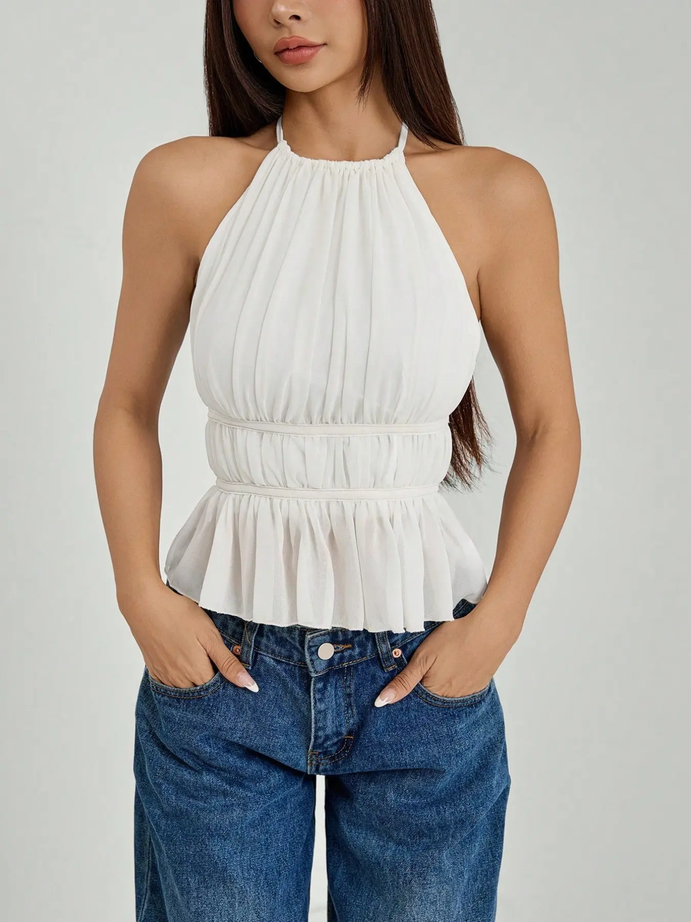 2026 European and American Cross-Border Bestseller Womenswear French Feminine Chic Halter Backless Tank Top, Waist-Cinch Pleated Ruffle Halter Strap Vest, Summer Outerwear