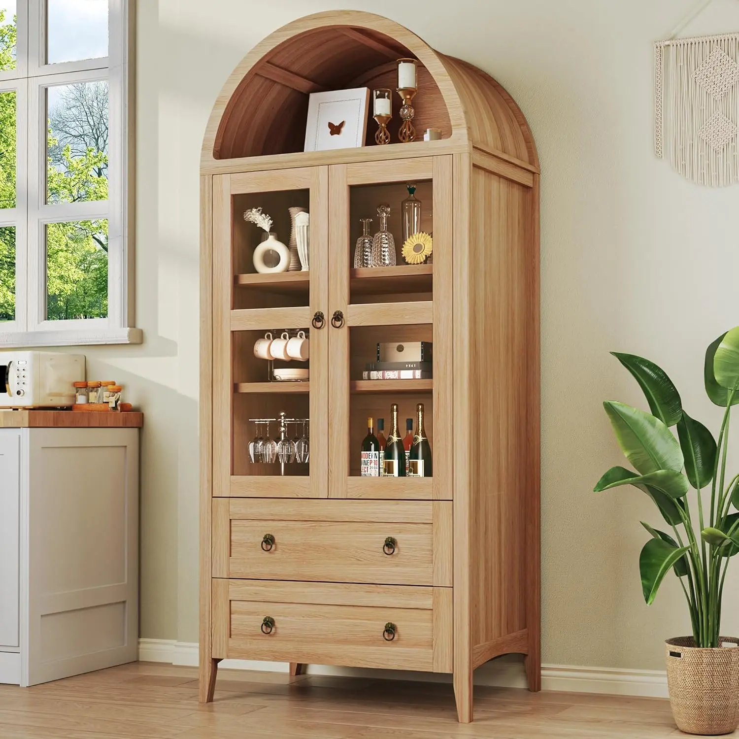 71" Tall Kitchen Pantry Cabinet, Arched Cabinet , Kitchen Storage Cabinets with 2 Large Drawers & Adjustable Shelves & Glass Door for Living Room, Kitchen, Dining Room, Natrual