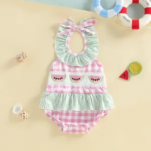 Baby Girl Swimsuit Plaid Watermelon Embroidered Tie-up Sleeveless Ruffle Bathing Suit Casual Swimwear