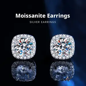 S925 silver square stud earrings for women, fully set with D-color VVS moissanite stones; minimalist, stylish, elegant ear jewelry; strong fire color; diamond tester pen available.