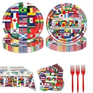 20-Guest Plastic International World Flags Camp Kitchen Mess Kit - Outdoor Event Party Supplies with Banners, Tablecloth, Plates, Napkins, Forks for Birthday, Travel Themes 2026, Set