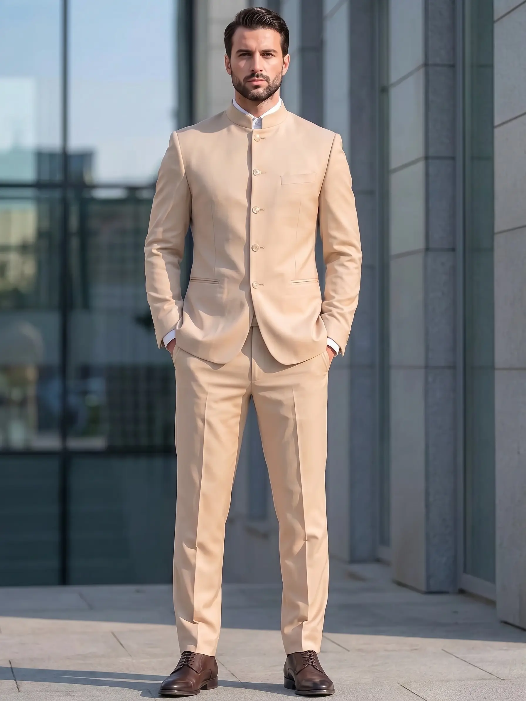 Men's 2-Piece Chinese Suit Stand Collar, Slim Fit, Front Button Suit Coat & Pant Set, Formal Longsleeves Menswear, Gentleman Style Men's Outfit Set, Suit Coats