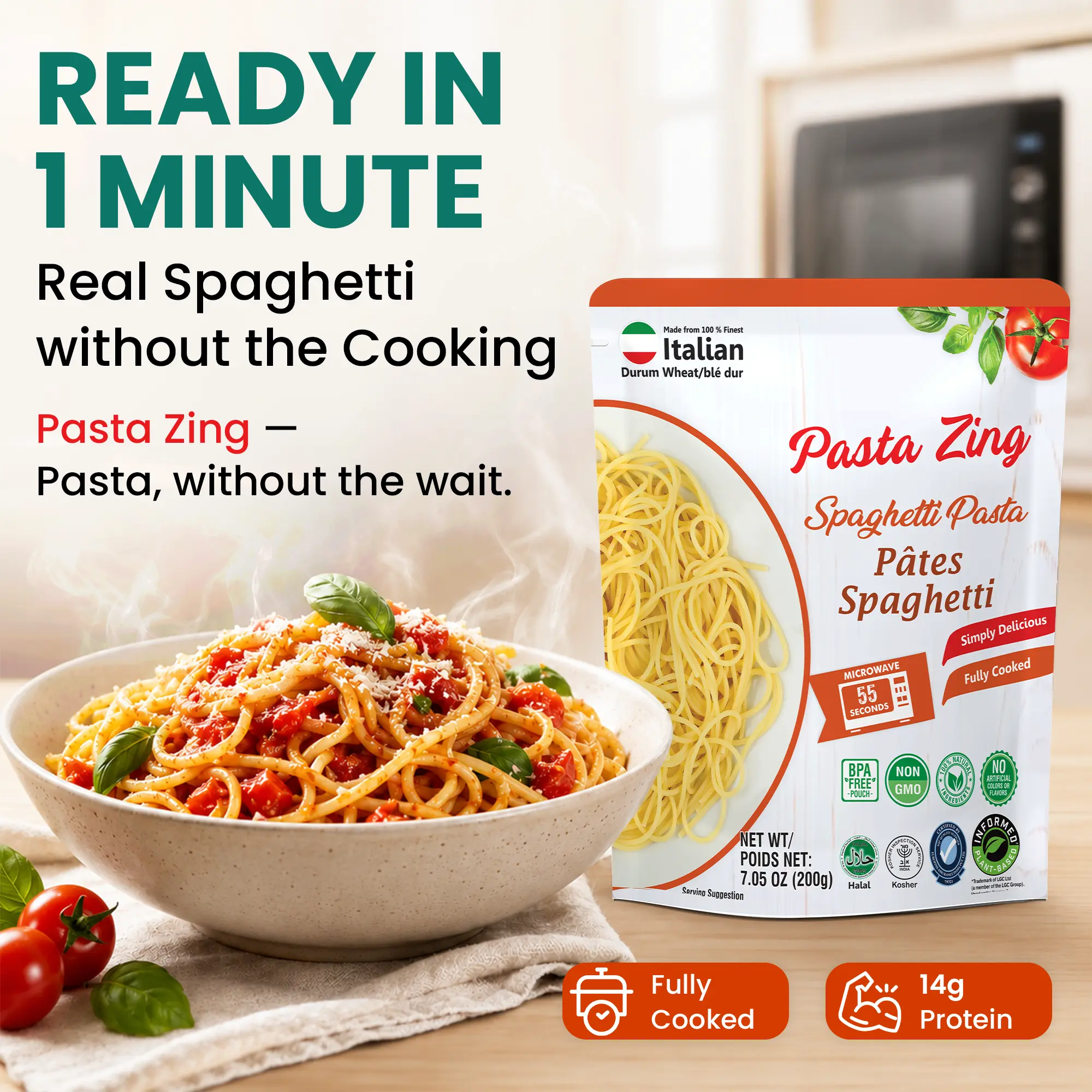 Pasta Zing Fully Cooked Spaghetti Pasta – Ready in 1 Minute | No Boiling | 14g Protein | Quick Microwave Pasta Meal | Pack of 7