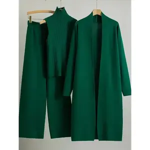 2026 newest suit high elasticity Women's loose suit, long wide-legged pants + shawl cardigan + turtleneck sweater fashion three-piece set Can be worn up to 70kg Suitable for female Can be used with raincoat