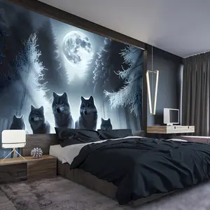 60in x 40in 1pc - Extra Large - Stunning Wolf Moon Landscape Photo Tapestry, Polyester Aesthetic HD Printed Wall Hanging, Living Room Bedroom Office Home Room Party Decoration, Wall Decoration, No Installation Required