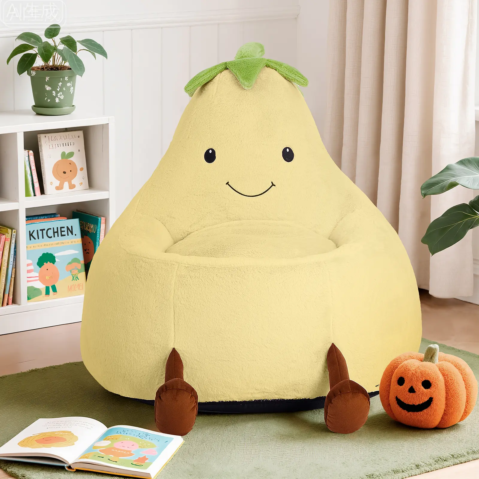 Bean Bag Chair Plush Faux Fur Soft Couch with Ergonomic Support Fun Eggplant Design OEKO-TEX Certified for Reading Nook Playroom Bedroom 8 Rainbow Colors 2 Sizes  - Beanbag
