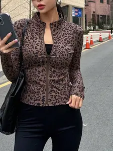 Women's Fashion Casual Lightweight Slim Fit Stand Collar Leopard Print Jacket, Long Sleeve, Stylish Casual Chic Outerwear for Daily Wear, Trendy Women's Clothing