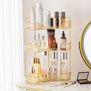A large-capacity and space-saving three-layer corner cosmetic storage rack, suitable for storing cosmetics, perfumes and toiletries. Universal countertop tray, suitable for use in bathrooms, dressing tables and kitchens.