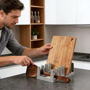 1-piece multi-functional storage rack: serves as a pot lid holder, dish rack, spoon rack, cutting board holder, Dish drainer. It facilitates the storage of pot lids and spoons while allowing for proper drainage. Ideal for modern kitchens