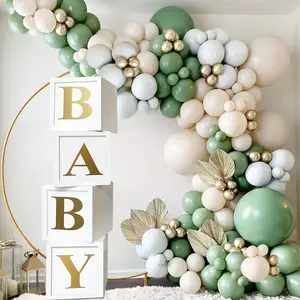 Wood Grain Printing Baby Shower Display Boxes Decoration, Neutral Gender Reveal Backdrop Brown Baby Stacking Blocks Backdrop for Kids Birthday Party