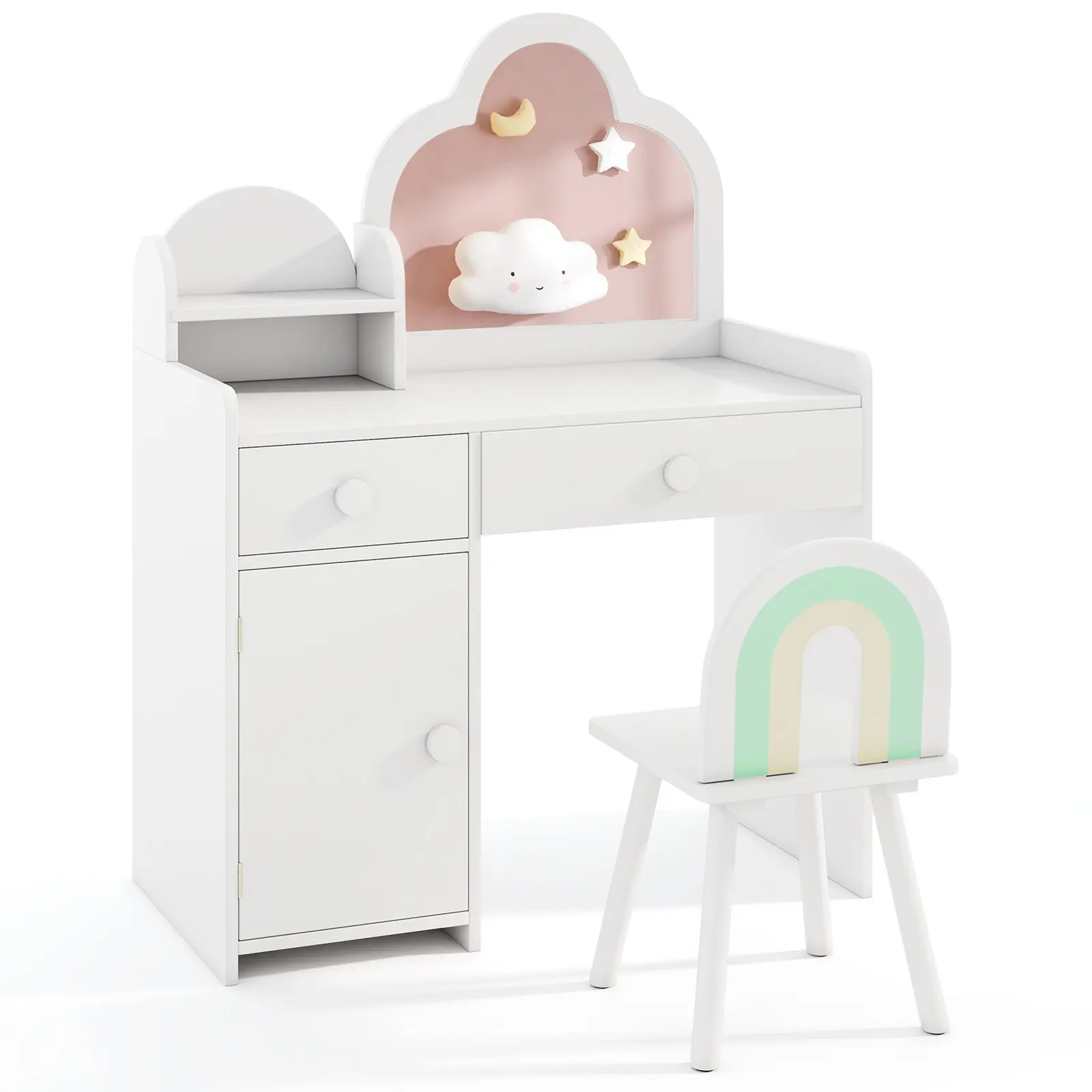 COSTWAY - Kids Vanity Table and Chair Set with Cloud-shaped Mirror and Open Shelf-White