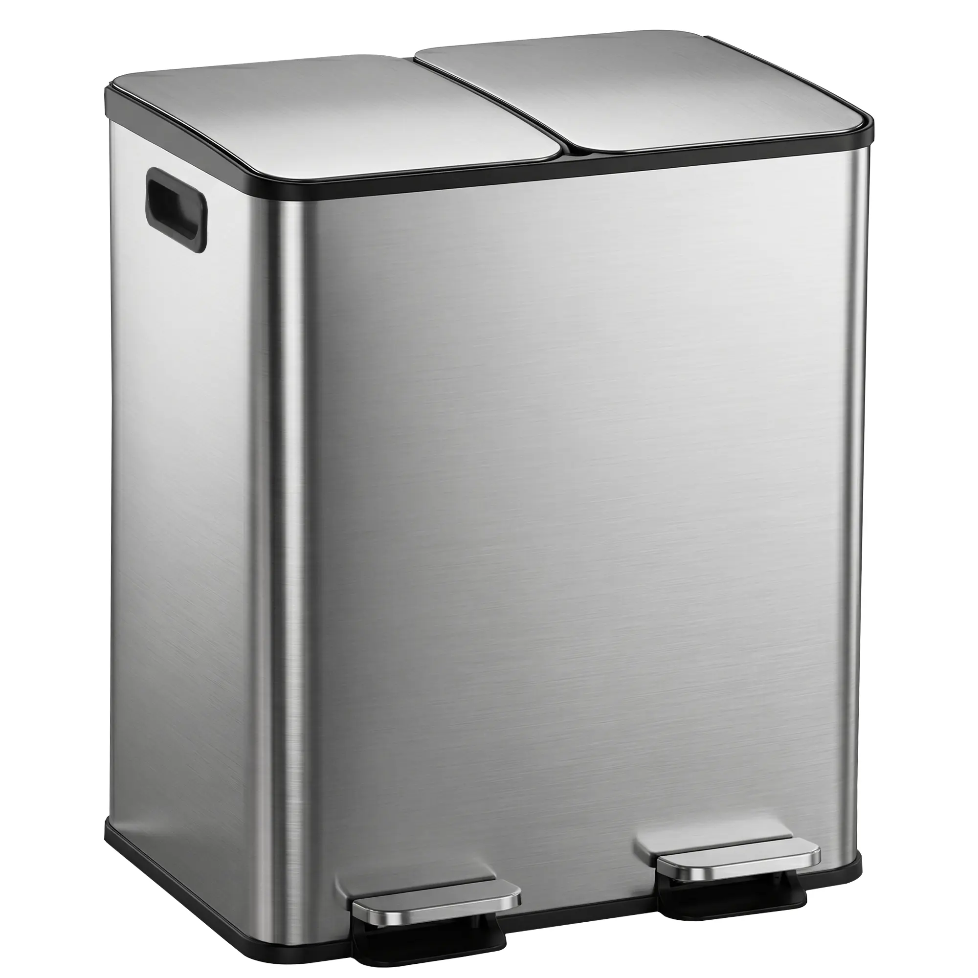 Segawe Metal Dual Compartment Trash & Recycle Can - Large Capacity Waste & Recycling Kitchen Bin (2x6.6Gal/50L), Stainless Steel with Double Soft-Close Hinges, Pedals, Odor Filters, Side Handles, ABS Black Inner Bins, 18.7x12.9x22in
