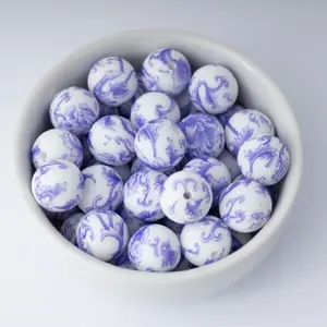 Blue and White Porcelain Silicone Beads Printed Round Silicone Beads