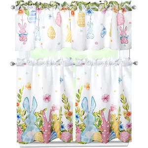 Easter Kitchen Curtains 3 count Set Spring Bunny Curtains Rabbits Valance & Tiers for Kitchen  Cafe Indoor 36 Inch Short Window Curtain Over Sink Window Farmhouse Easter Decor