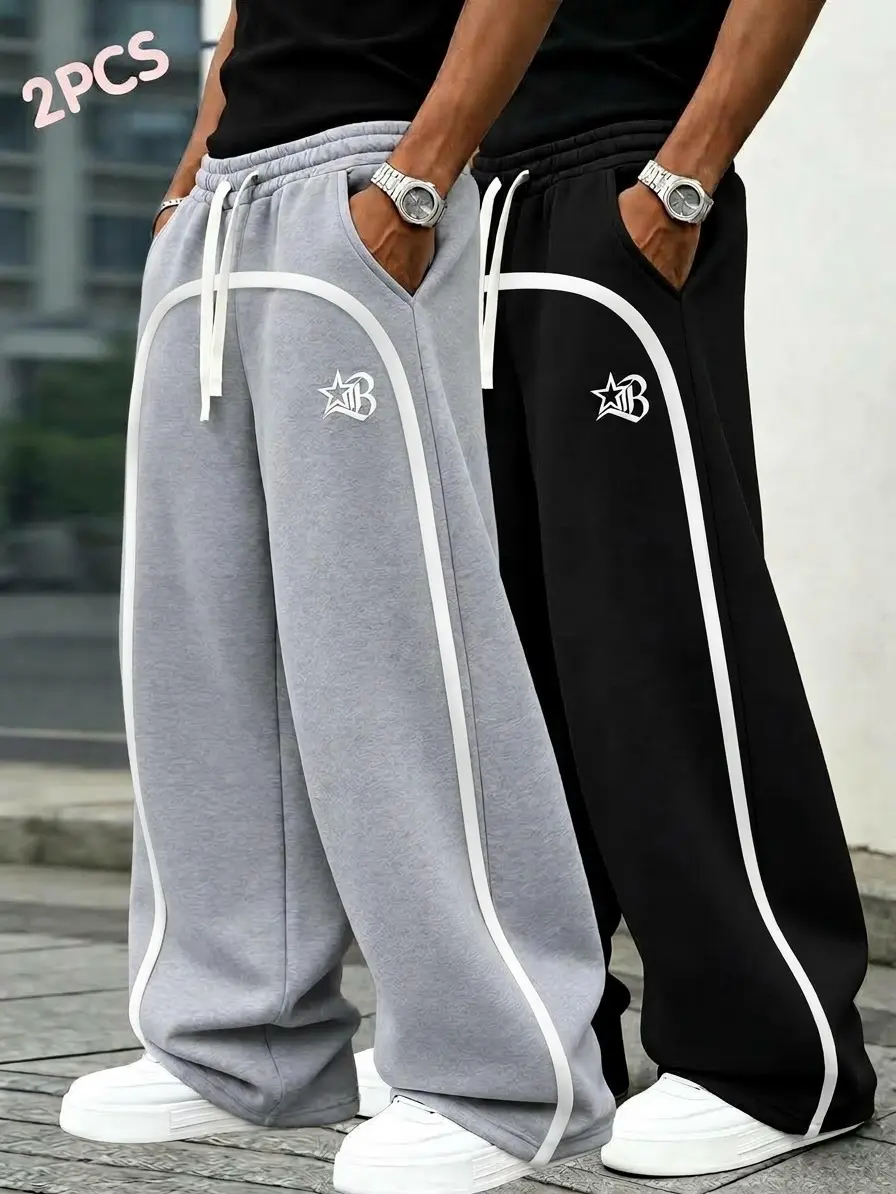 Men’s two-pack loose-fit fleece sweatpants, wide-leg design, for fitness, running, and everyday commuting, side stripes, available in 9 colors, all sizes