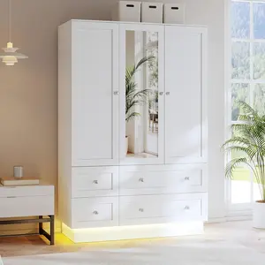 VOWNER 47" L White Bedroom Wardrobe Closet - 3 Doors, Mirror, LED Lights, 4 Drawers, Hanging Rod, Large Capacity Indoor Armoire