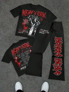 Men's American Street Style Stylish Letter Print Crop Top & Flare Pants Set, Short Sleeve Round Neck, Fitted Design, All Seasons Wear