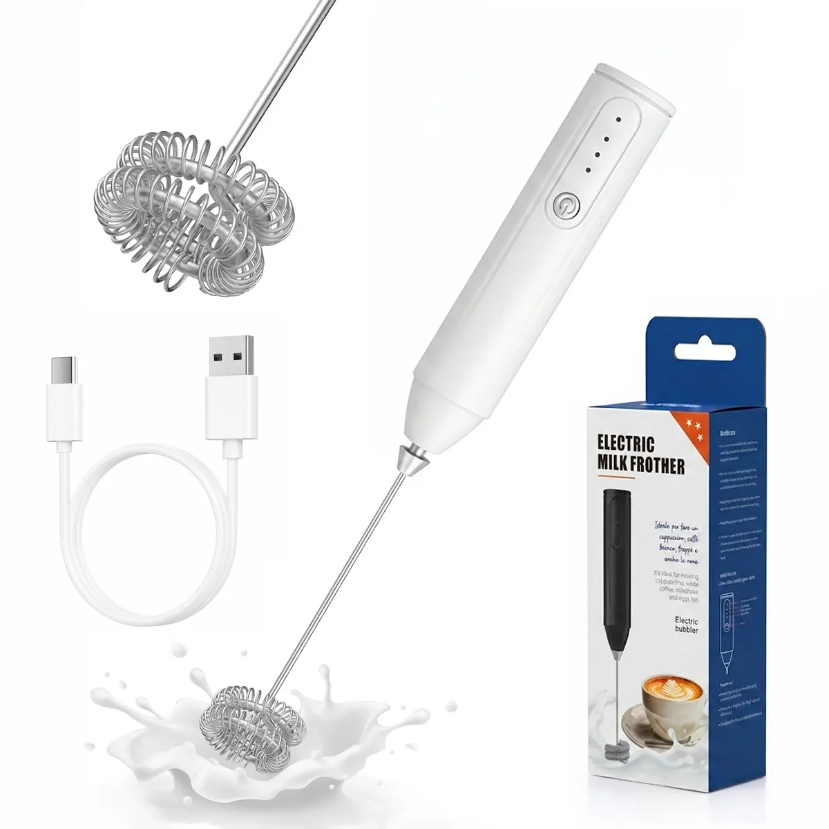 Rechargeable 3-Speed Handheld Milk Frother, Dual Spring Whisk Electric Foamer, Portable & Detachable Coffee Frother Wand, Drink Mixer for Egg, Milk, Coffee, Matcha, Lattes, Macchiato, Hot Chocolate