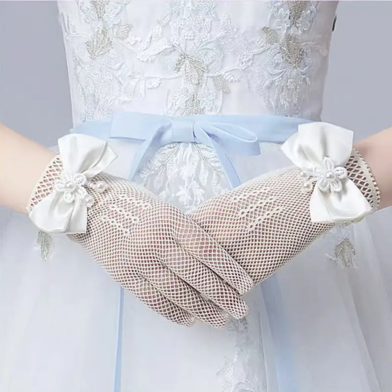 New small-size hand gloves summer thin women's stretch mesh bow performance bridal wedding fingerless white gloves