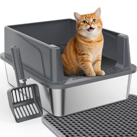 Stainless Steel Litter Box with Lid - Corrosion-Resistant 18L High-Sided Metal Litter Tray for Small Cats, 17.4"x13.4" Size, 8.4" Spray Guard, Non-Stick, Odor-Control, Anti-Urine Leakage, Easy to Clean, Included Scoop
