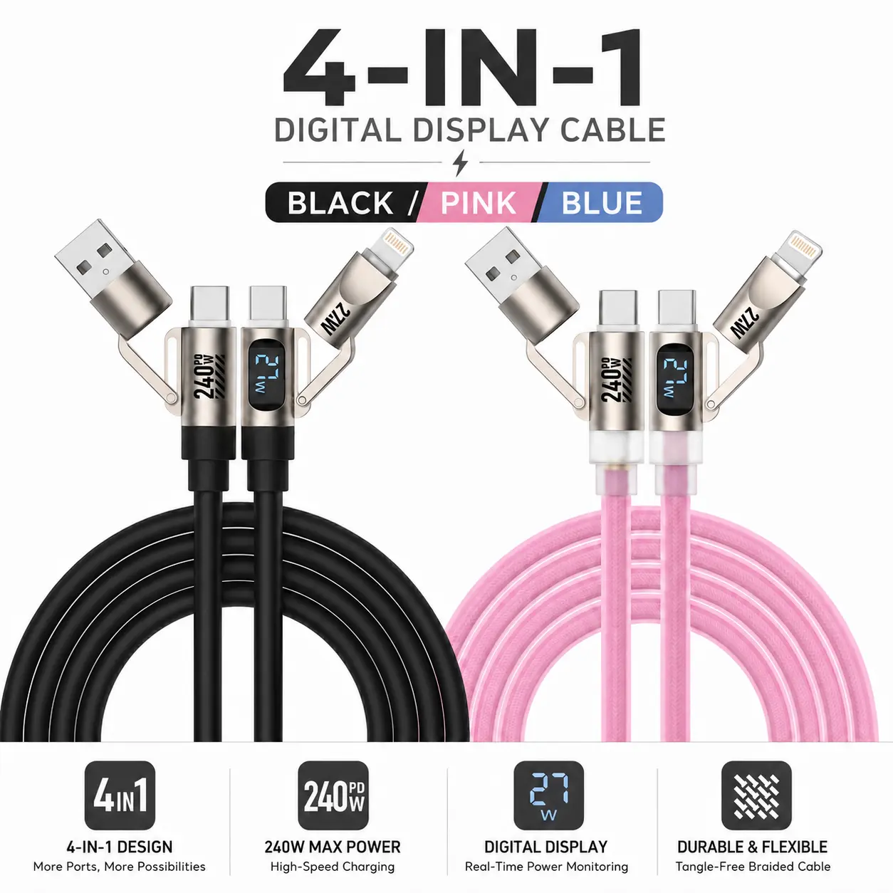 Buy 1 get 1 free 240W Digital Display+4-in-1  Charging Cable, Liquid Silicone Fast Charging Cord with Real-Time Power Display, Flame Retardant Braided Cable for iPhone Android Laptop