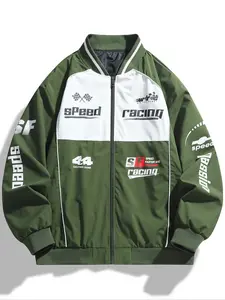 American Racing Style Men's Windproof Jacket, Durable Wrinkle-Resistant Fabric, Race Theme Print, Ribbed Neck and Sleeves, Zipper Closure, Loose Fit, All Seasons