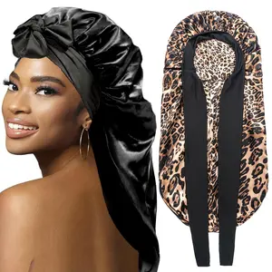 Women's Satin Braid Bonnet - 2 Count Large Long Silk Sleep Cap with Stretchy Tie Band for Braid Multifunctional Elastic Heatless (Black&Leopard Print)