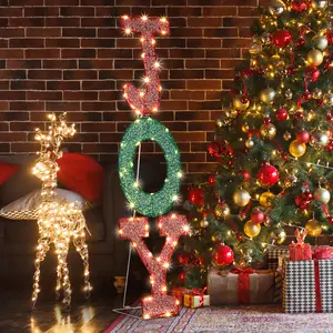 Light-Up JOY Letter Sign Christmas Garden Decoration, Pre-Installed Lights 2D Letter Display with 45 LED Warm White Lights and Ground Stakes Suitable for Christmas Outdoor Festival Indoor Decoration Light-Up Festival Display