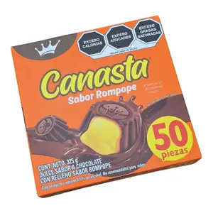 Canasta Sabor Rompope Chocolate 50 Pieces 325g Box Sweet Chocolate with Rompope Filling Excess Calories Sugars and Saturated Fats Warning