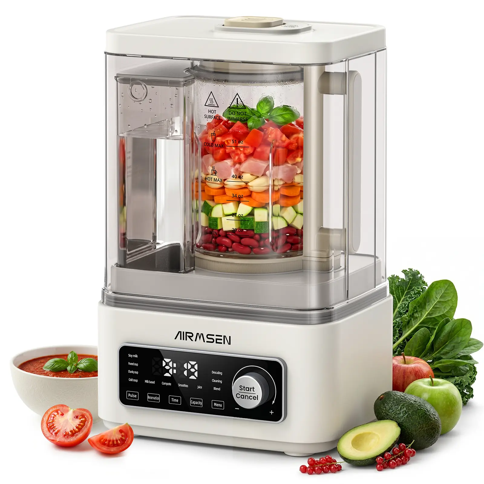 AIRMSEN 9-IN-1 Hot & Cold Professional Countertop Blender, 1200W+500W High Power, Independent Water Supply & Steam Heating, 51 Oz Multifunctional Juice & Food Blender for Shakes, Stainless Steel Blades for Nuts/Frozen Items, Countertop Blenders