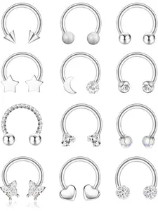12 Pcs Silvery Versatile Septum Rings for Women Men Premium Surgical Steel Copper Multi-functional Nose Piercing Jewelry Set Stable Texture Comfortable Wearing Experience Cute Lip Rings Tragus Piercings Classic Horseshoe Hoop Earrings