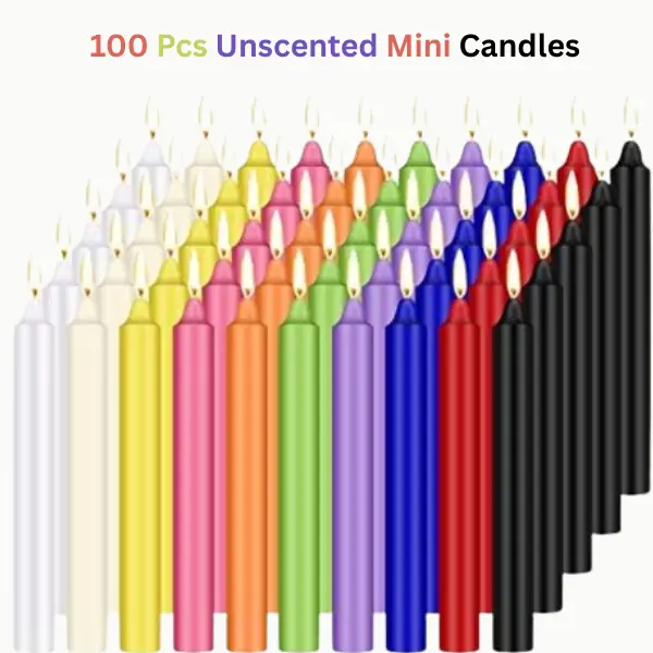 100-Piece Unscented Assorted Colored Decorative Mini Taper Paraffin Wax Candles Bulk Pack (4 in Tall x 1/2 in Diameter) - Steady Burn Candle Light for Casual Daily Use, Engagement Decor, Birthday Decorations