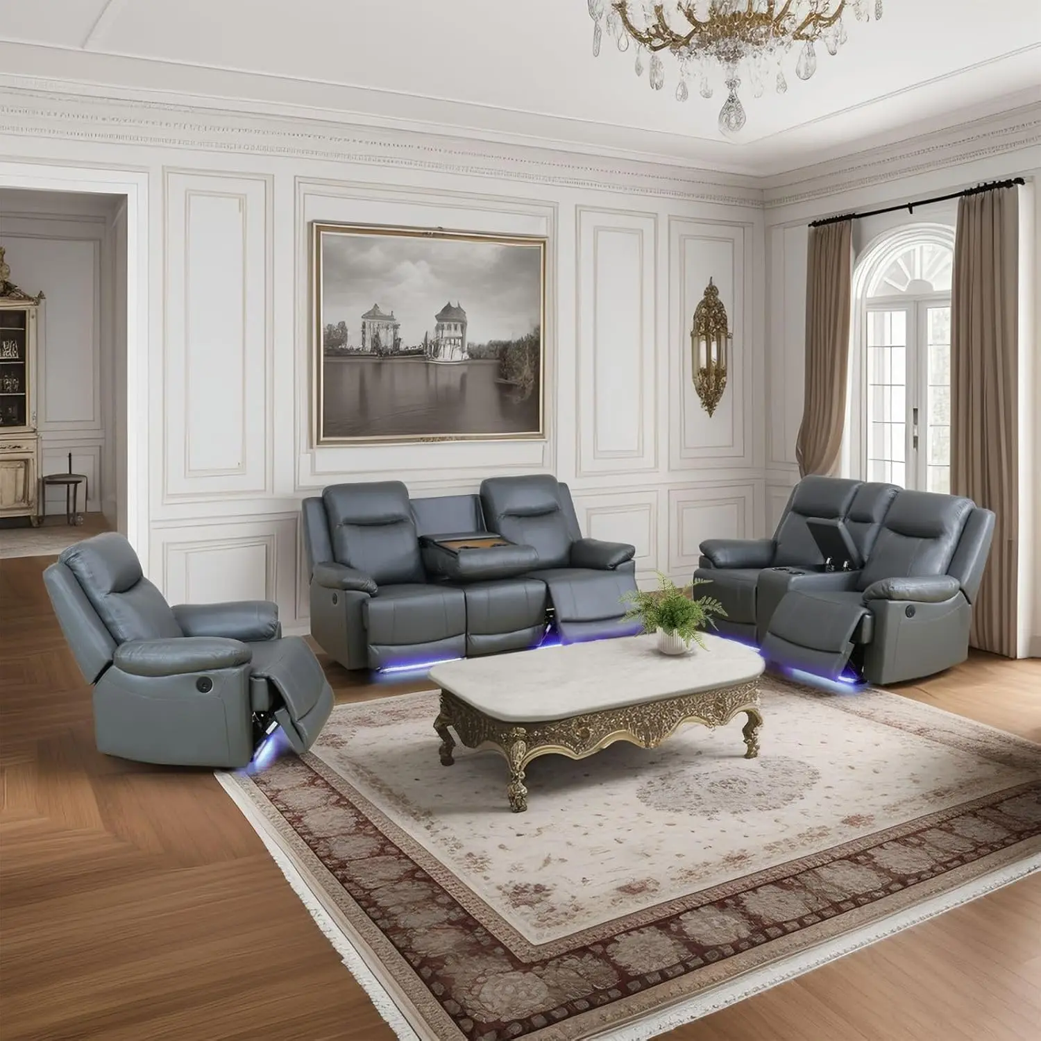 GEBADOL Power Reclining Sofa Set Leather Couch with USB Port Recliner Loveseat Storage Console Cup Holders 3 Pieces Living Room Furniture Dark Grey Modern Design