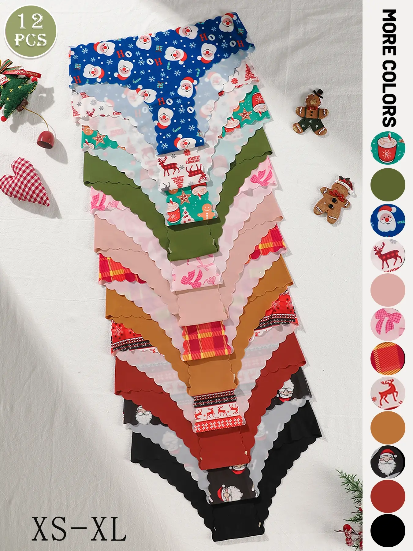 12-pack Christmas themed women's underwear featuring Santa Claus, reindeer, snowflakes, plaid, bows, various patterns, and solid color briefs, suitable for holiday and casual activities. Soft Breathable Knicker
