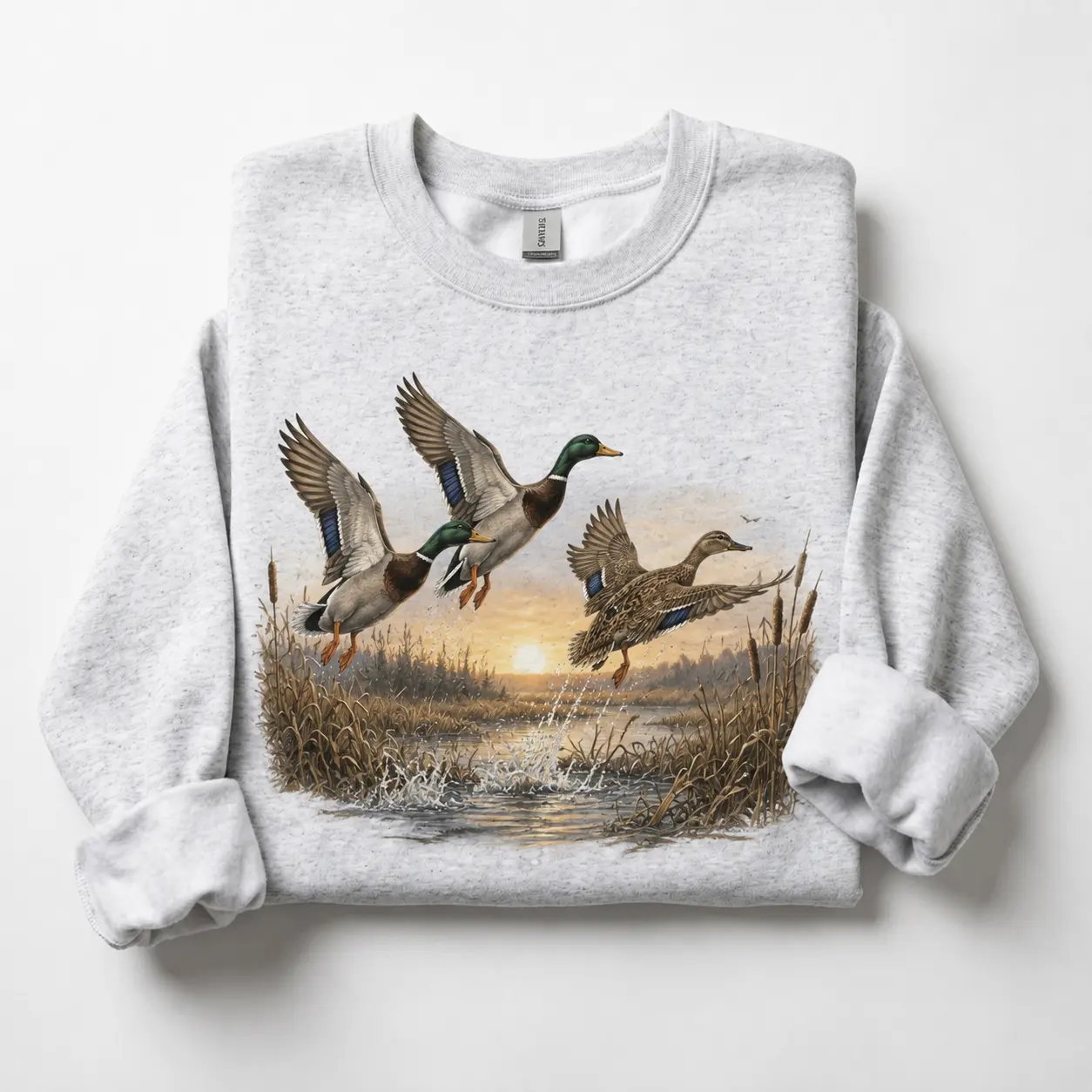 Flying Mallard Ducks Sunset Marsh Sweatshirt - Classic Waterfowl Wetland Nature Crewneck Pullover for Men Women