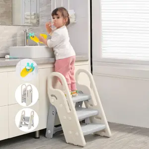 Dripex Foldable 3-Step Stool with Handles, Adjustable Toddler Step Stool for Bathroom Sink, Potty Training & Kitchen Helper Plastic Ladder for Kids