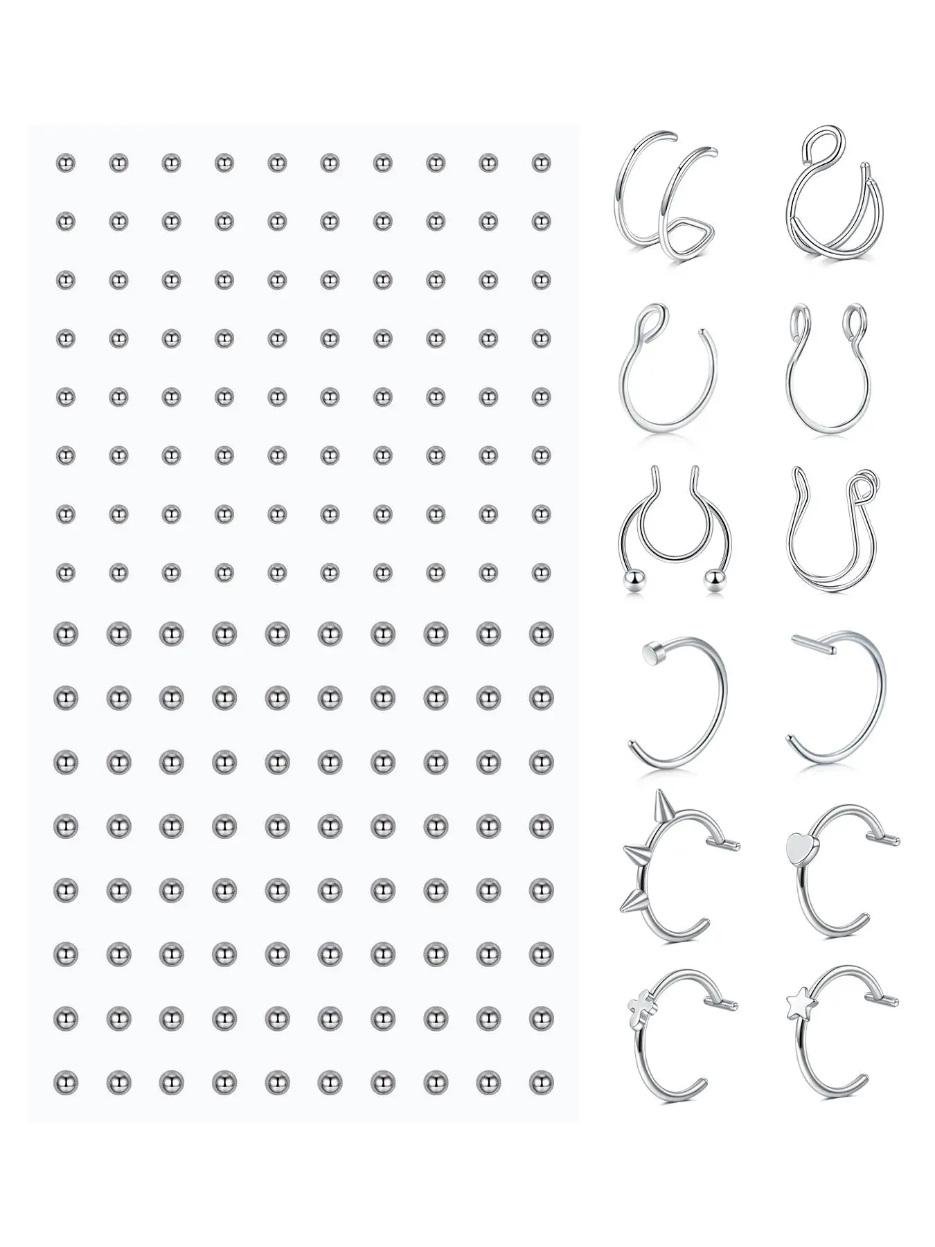 Fake Body Piercing Jewelry, Fake Nose Ring Spiral Nose Ring Fake Lip Ring Fake Eyebrow Piercing Self-Adhesive Face Sticker Fake Piercing Balls No Piercing Body Jewelry, Punk Style Jewelry for Women & Men