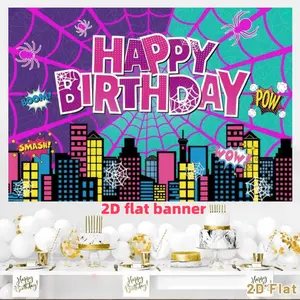 Pink Spider Web Happy Birthday Photography Background, City Skyline Architectural Background Photo Booth Prop, Polyester Material, Suitable for Photo Booth, Party, Birthday, Celebration, and Indoor/Outdoor Family Birthday Party Decoration
