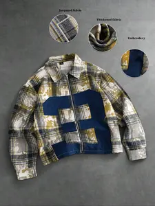 【American Varsity Style】 Retro Plaid Jacket Jacquard Fabric Thickened Warm Embroidery Patch Oversized Outerwear. Blue/White Color Block Full-Zip Unisex Shacket #VarsityJacket #AmericanRetro #Plaid Essential!