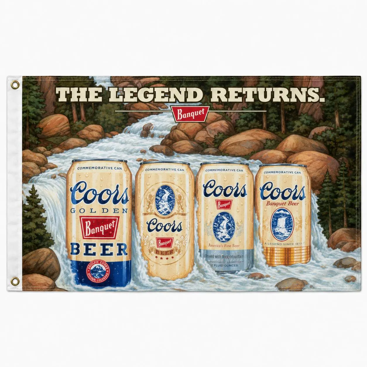 Coors Legend Returns Flag 3x5 Ft, Vintage Commemorative Beer Can Banner with Rocky Mountain Waterfall, Retro Wall Decor for Garage, Man Cave, Bar, Cabin or Dorm