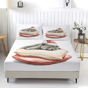 3-piece Christmas Cat Pattern fitted sheet, including 1 bed sheet and 2 pillowcases, comfortable bedding with anti-slip dust cover suitable for bedrooms and guest rooms,perfect for personal use or as a Christmas gift