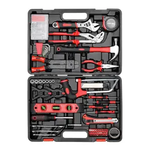 218-Piece Home Tool Kit, Mechanics Tool Set with Portable Tool Box, Includes Saw, Adjustable Wrench, Drive Socket, Combination Wrench, Red Plastic Toolbox, Ideal for Home, Apartment, and Garage Use, Ideal Gift for Father's Day Construction Gear Heavy Duty