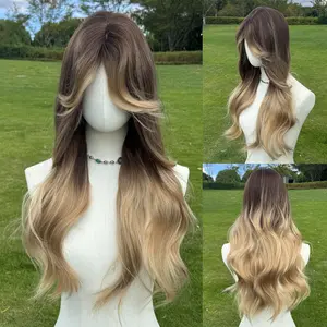 SMILCO/28Inch Ombre Brown Ash Coffee Long Curly Tails With Bangs Synthetic Wig/SM532