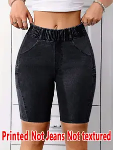 Women's Printed Skinny Pants Non-Denim Fabric, Short Five-Pocket Jeans Style Bottoms, All Season Wearable Solid Pattern