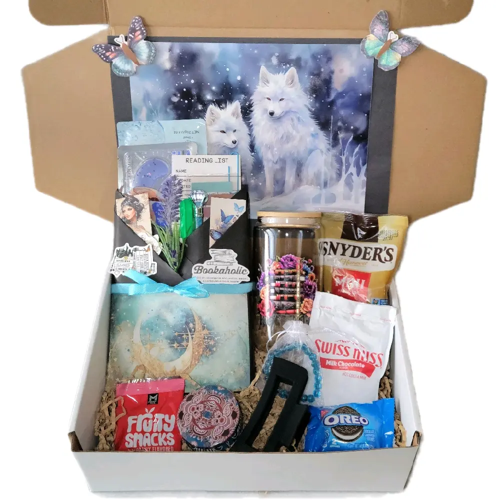 Sip & Sage Blind Date with a Book Gift Basket - Cozy Hand-Decorated Wrapped Gift for Her, Includes New Book, Claw Clip, Glass Tumbler, Snacks, Candle, Face Mask, Jewelry, Stickers, Pen, Highlighter & Bookish Goodies